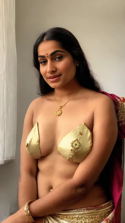 Full body view of a 50 size tall and big giant Indian wife, looks like a sweet rose of an Indian actress, she is naked, full body, white skin tone, beautiful face, red lips, clear skin, famous face, thick legs, round ass, big breasts, ,all Indian jewelry l...