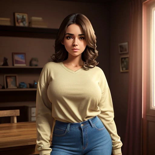  movie style, a petite cute shy innocent skinny body with monstously huge fat size breasts Mexican nerdy teen, short volumetric hair, beautiful detailed brown eyes, cutely detailed lips, super cute highly detailed eyes and face, round shape face, mega volu...