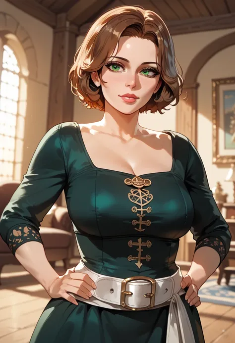 {{upper body, dutch angle}} {{Artist: sincos}} 1girl, mature female, brown hair, short hair, green eyes, black dress, white belt, indoors, living room, standing, hands on hips, pov, medieval fantasy.