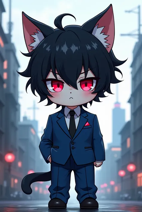 Anime chibi catboy, white pale skin, black hair, dark red eyes, blue suit black tie, old industrial modern gray city on background