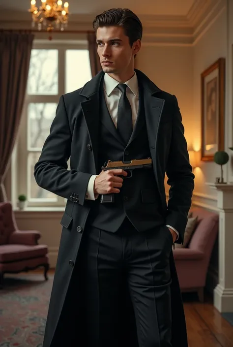 Young modern english wizard from Rich familly standing in apartament in London with gun in holster under his coat