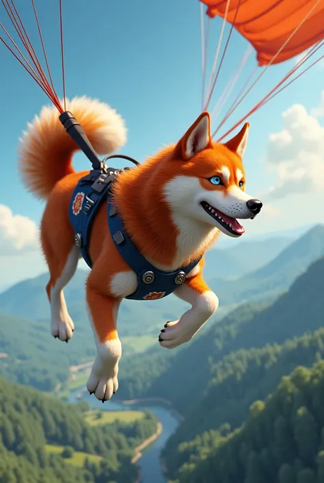 Red-haired Husky jumping in a parachute 