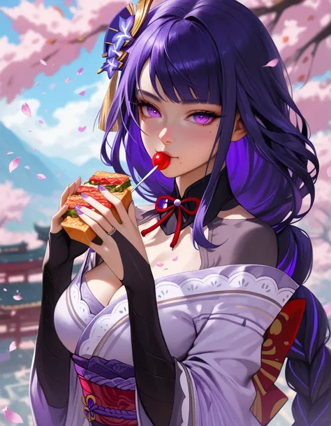 masterpiece,best quality,amazing quality, 8k, high contrast, very aesthetic, absurdres,raiden shogun, 1girl, blurry, blurry background, breasts, bridal gauntlets, cherry blossoms, closed mouth, dango, eating, eyelashes, falling petals, food, gloves, hands ...