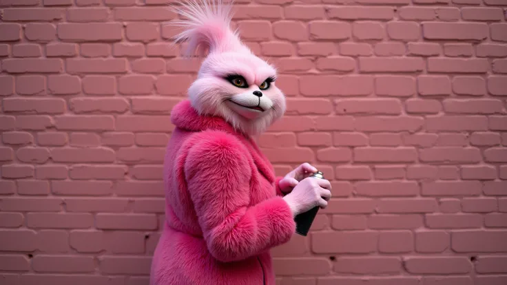 A feminine pink Grinch, covered in luxurious rose-colored fur, stands with her body positioned away from the camera, facing a large brick wall head-on. Shes dressed elegantly in sophisticated attire that complements her pink fur - perhaps a fashionable dar...