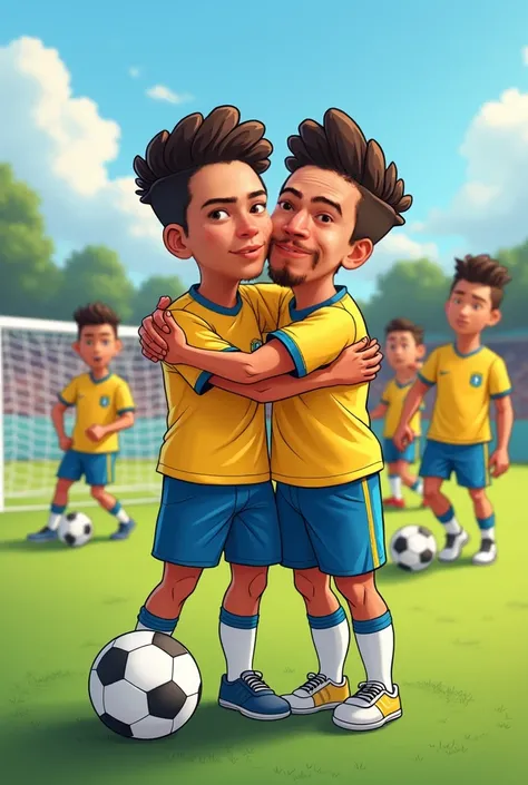 Cartoon of Whinderson Nunes and Neymar embracing each other as friends  ,  in a soccer field setting and around friends who were also playing together with him all having fun with it all