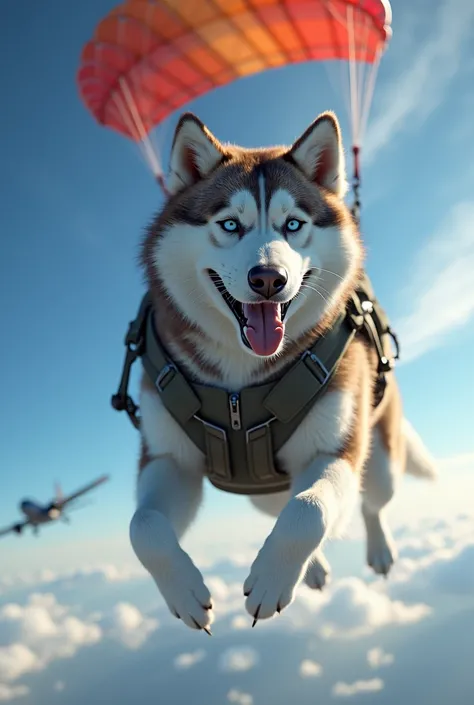 Husky jumping out of a plane in a military parachute 