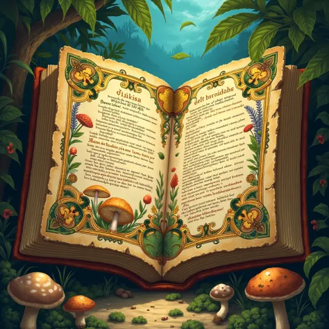 a medieval high-quality masterpiece, byzantine art, island art, forgotten pages of a magical potion bottle, recipe, mushrooms, herbs, text