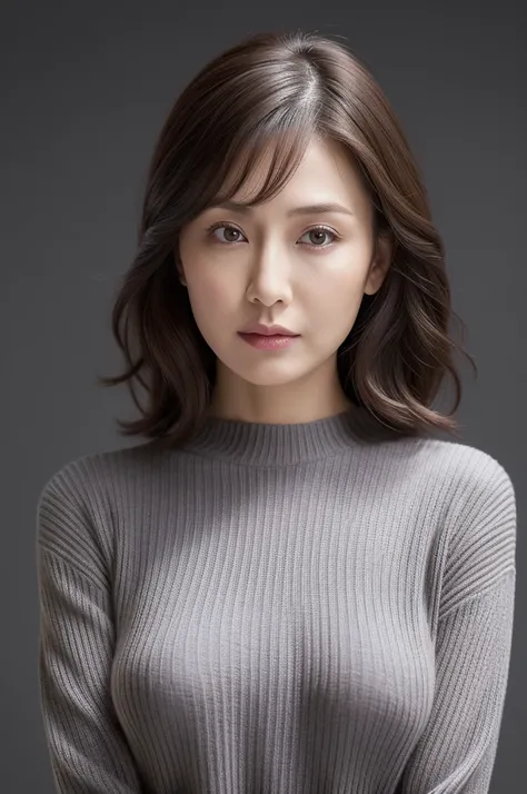 High resolution, masterpiece, Irritated skin, Very detailed, Photorealistic, Professional Lighting, Written boundary depth, sharp, (Gray background), (Front view：1.2),(Japanese Mature, 38 year old women are sexy:1.0), Detailed face, Beautiful Eyes, bangs, ...