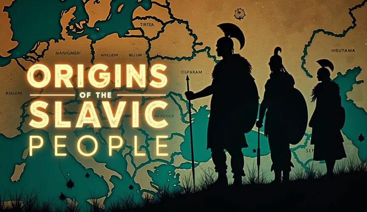 Create a professional and visually striking thumbnail for the "Origins of the Slavic People" documentary. The background should feature a detailed ancient map of Europe, focusing on the regions where the Slavic people are believed to have originated, such ...