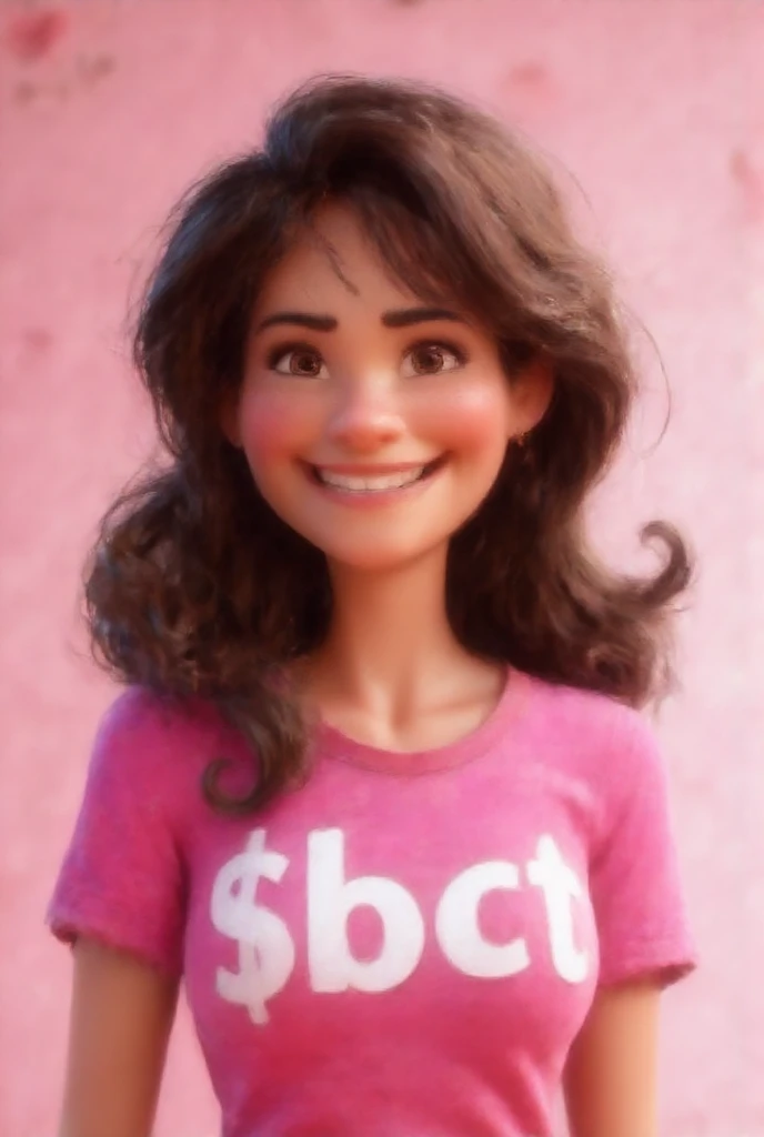  Disney Pixar-style cartoon of a beautiful woman in a pink shirt, medium brown wavy and smooth hair ,  with a written shirt "$BCT",  Smiling and looking at the camera .  with pink studio background  