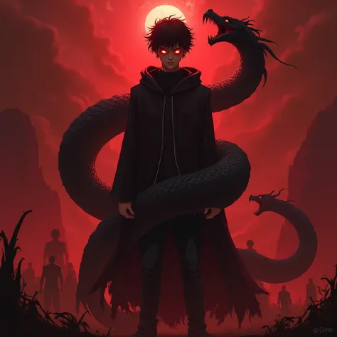 A 17-year-old boy stands tall in the darkness, dressed entirely in black, his figure cloaked in shadows. Behind him, a massive serpent coils, its scales glistening like dark obsidian, wrapping around him in a sinister embrace. The atmosphere is drenched in...