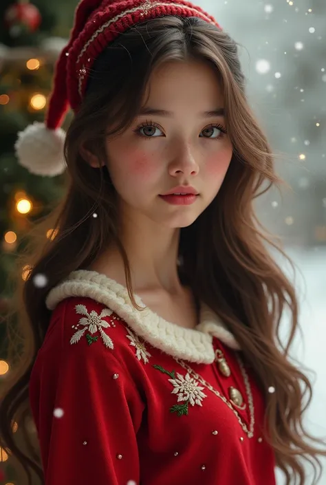 A pretty 17yo British brunette brown eyed girl in a Christmas outfit