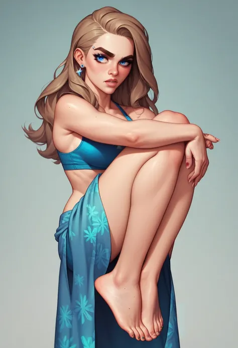 Standing 6 1" tall, this azure skinned woman has a responsible feel about her.
Her shoulder-length, ice blue, lightest brown hair is spiky.
She has piercing, narrow, royal blue eyes, a big nose, neat eyebrows and an angular face. She wears a foundation.
Sh...