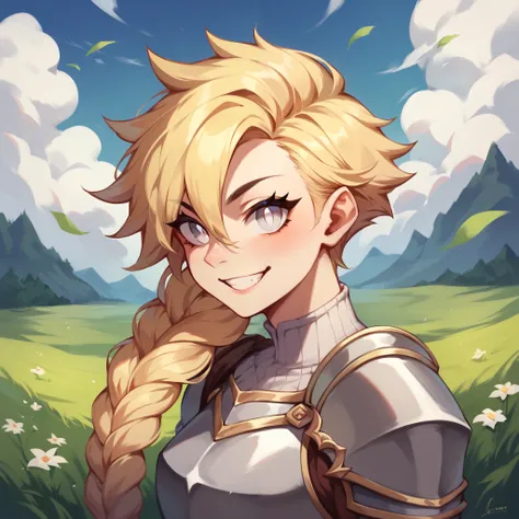 A tomboy with white eyes. she has blonde hair with a long braid. she is wearing armor and is smiling down at you while in an open field.