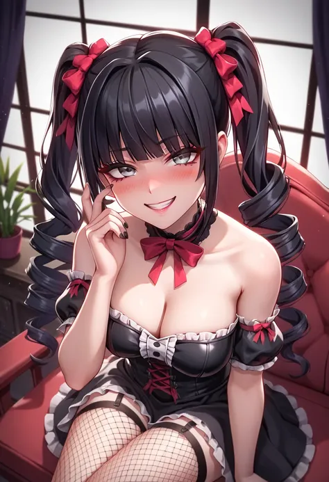 twindrills, black hair, gray eyes, black-red Gothic lolita, black fishnet stockings, 1girl, gorgeous, 4k, hd, room, looking at the viewer, repaired eyes, correct anatomy, natural colors, anime, artgrem, gesugao, half-closed eye, focus on face, blush, curvy...