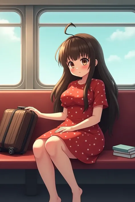  Beautiful 3d anime girl with a bulky figure with brown eyes ,  brown hair and red dress with polka dots  ,   sitting in a train station with a suitcase next to her and a book on the bench where she is sitting, with a sad face 