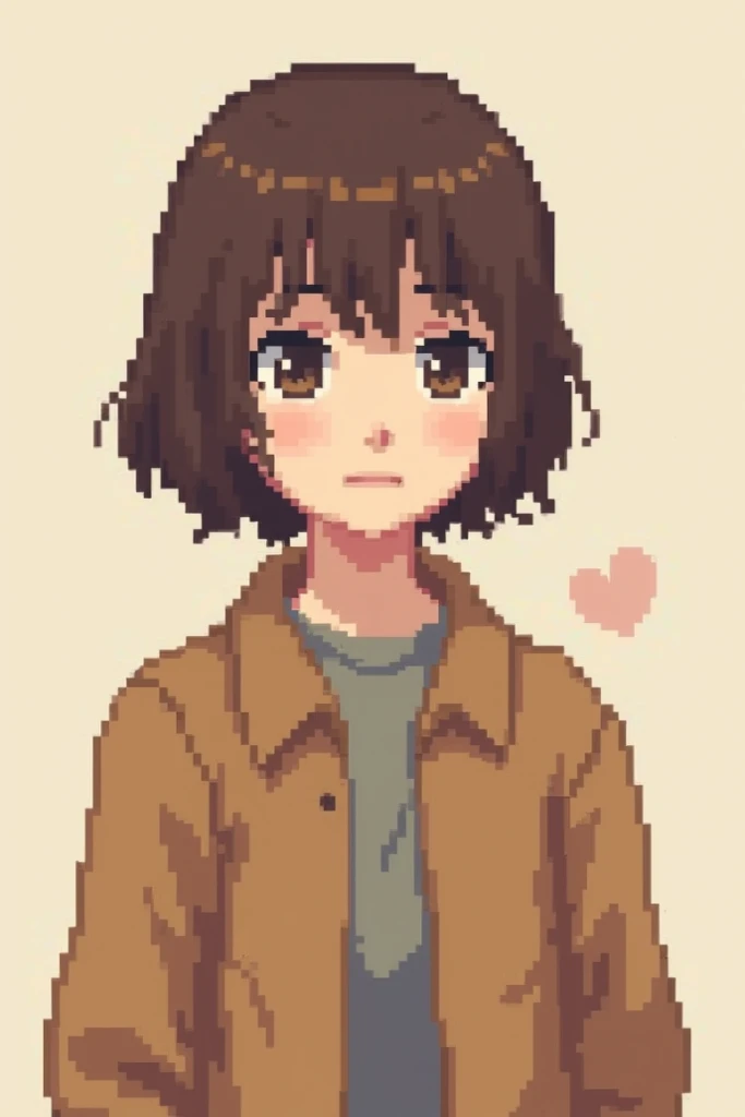 pixel, pixel art, 1girl, brown short hair, brown hoodless jacket, body, elfa