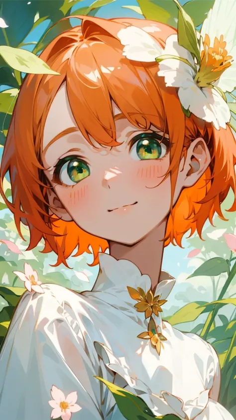 （ top quality 、masterpiece、 surreal）、 portrait of a beautiful delicate girl 、Playful and cute、Petals fluttering in the background、 shiny orange hair、 Shorthair、beautiful green eyes 、smile、