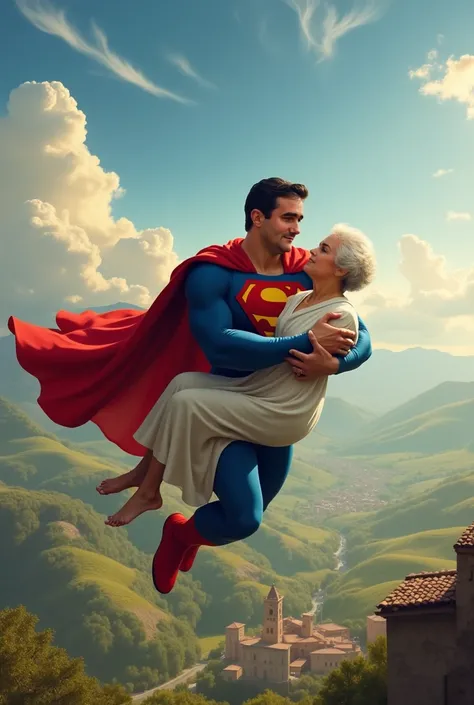 Make him superman with a grandmother in his arms , flying upon Italy 