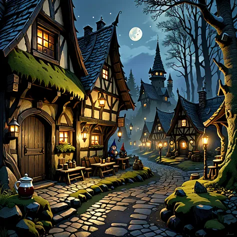 " The dark village is immersed in a cold night , surrounded by a dense and cursed forest .  The houses are covered with moss and the environment is almost ghostly. In the center of the scene,  the gnome with his mead mug walks through the deserted streets ...