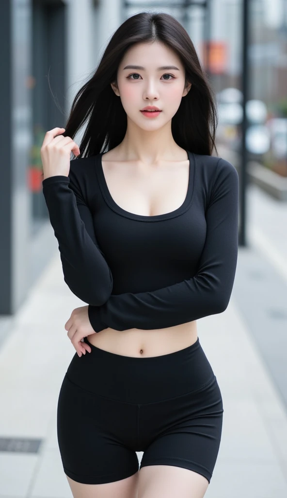 "A realistic half-body 2K image of a breathtaking Korean model with an hourglass figure, long legs, and flawless white skin. She is dressed in a black low-neck, long-sleeve tight  crop shirt and form-fitting black fitness short hotpants, perfectly compleme...