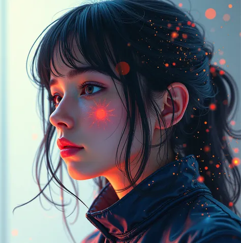  Vibrant, hyper-realistic 8K multi-exposure portrait of a girl, blending seamlessly into a detailed, intricately textured matte painting background, reminiscent of Syd Meads futuristic concept art, with the meticulous, high-contrast style of Ash Thorps dig...