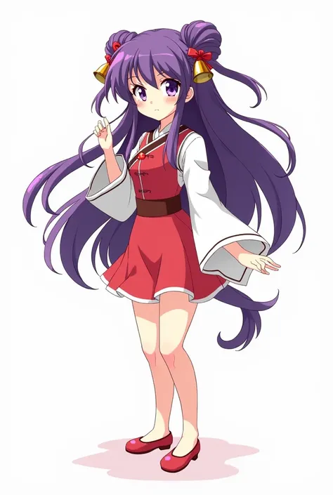 (solo:1.3),1girl(shampoo, character of anime(Ranma1/2),cute,sexy, long hair, looking at viewer, bangs, simple background, hair ornament, white background, dress, purple eyes, full body, purple hair, sidelocks, hair bun, bell, double bun, chinese clothes, s...