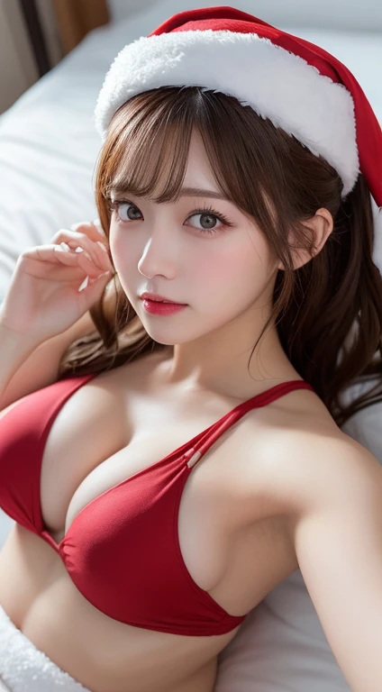 masterpiece,  top quality ,  illustrations,  ultra detail,  Finely Details,  high res, 8k wallpaper,  perfect dynamic composition with Santa Claus costume,  beautiful detailed eyes,  swimsuit,   random cute hairstyle to lie on your back on the bed ,  mediu...