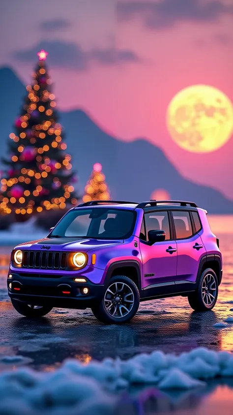 Jeep Renegade Traihawk 2021 purplish
metalic blue dynamic image, golden sunset
beach fantasy, big full moon, mountain, island, christmas trees, christmas lights, christmas decoration, colorful flowers, 3D,
realistic, 8k upscaling.