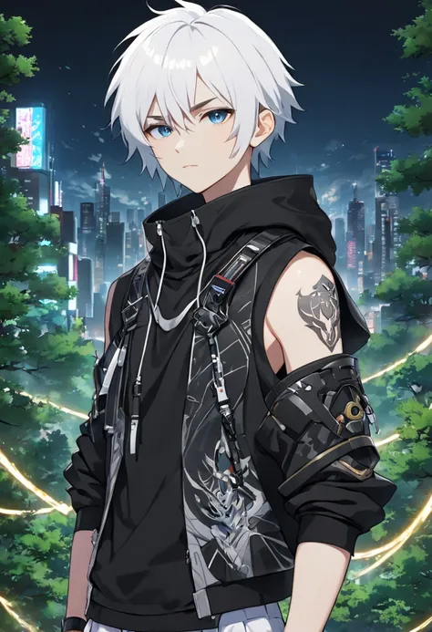 a boy with White hair and a black top standing in a city, a character portrait inspired by Ryūsei Kishida, pixiv contest winner, digital art, cyberpunk anime boy, badass anime 8 k, female cyberpunk anime boy, cyberpunk anime boy mech, anime cyberpunk art, ...