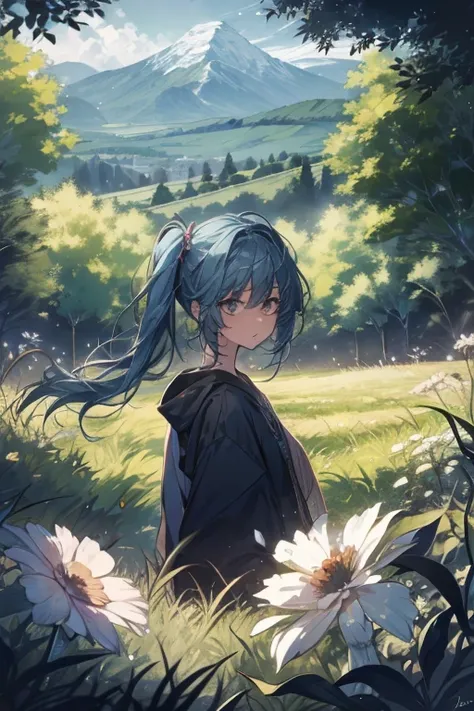 Very pretty long haired woman in a field of grass and flowers, with a cabin and a mountain in the distance, trees on the right side of the image, one very large beautiful and colourful tree in the background, Masterpiece, High Resolution, Twintails, blue h...