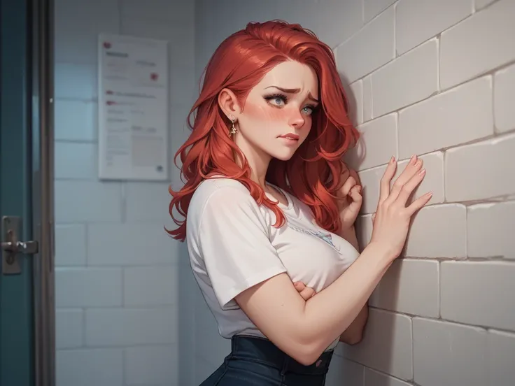 Red-haired woman embarrassed because her sexy bodyguard has her cornered against the wall