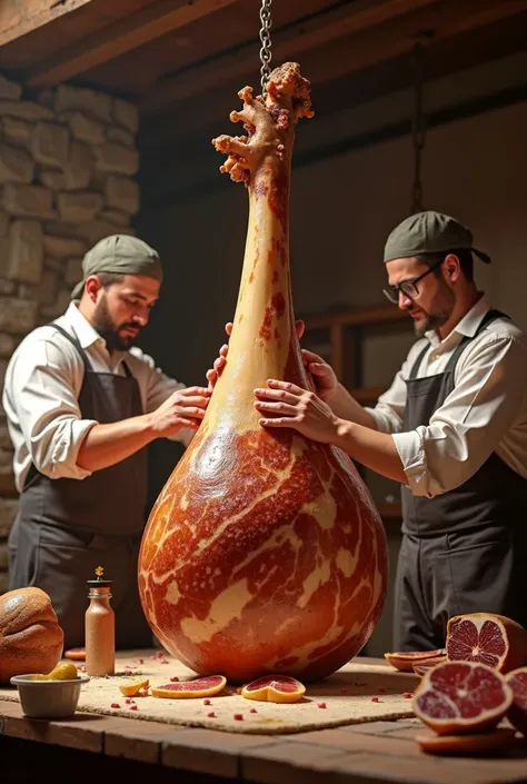 A leg of Serrano ham with workers who are building it that is like from cartoons 