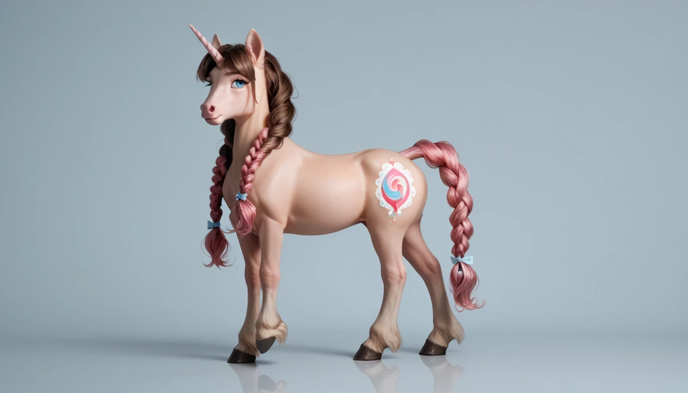  adult mare unicorn alone ,  light blue eyes,  a long dark pink mane with light light ends is braided into two neat pigtails, the tail is also braided ,  dark brown hair with grayish hooves , stands on four hooves, solo,  simple background. 