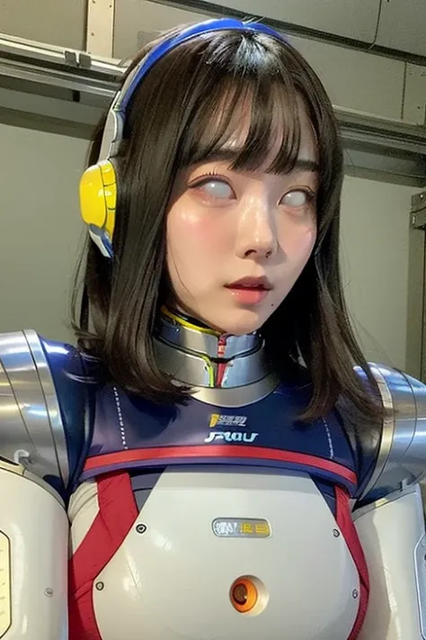 masterpiece, best quality, extremely detailed,portrait,front view,Japaese android girl,Plump, control panels,android,Droid,Mechanical Hand, Robot arms and legs,Blunt bangs,long tube,thick cable connected her neck,shirome