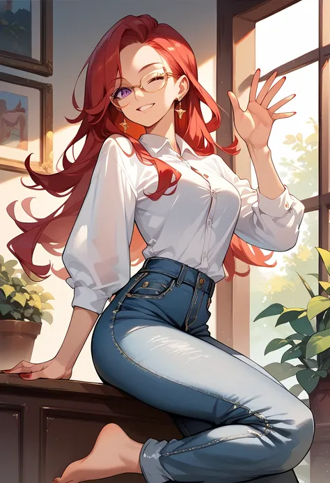 masterpiece, high definition , top quality,8k
(Mars ,red Hair, purple Eyes long hair, glasses, red nails, gold earings)
(Withe unbottoned shirt, jean pants, bare feet, winking one eye, waving hand)
smile