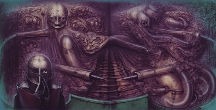 g1g3r, Giger_style, The image is a detailed view of H.R. Gigers " Aleph " plate, featuring a complex network of bones and organs in a purple-brown hue ,swirling gray and brown colorsgroup of three alien figures positioned in the foreground.  Emaciated and ...