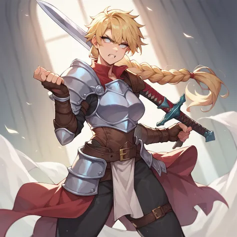 A tomboy with white eyes. she has blonde hair with a long braid. she is wearing armor and looks angry. she is wielding a sword.