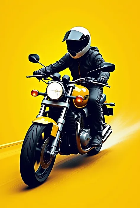 A business card for working as a motorcycle taxi service on the yellow background with a motorcycle and a person driving with their protective helmet 