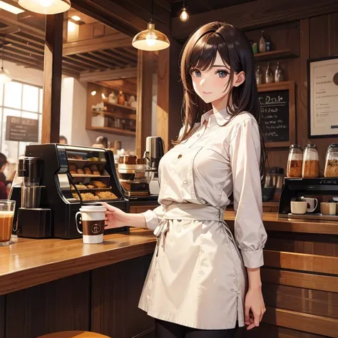 A beautiful woman is in coffee shop.