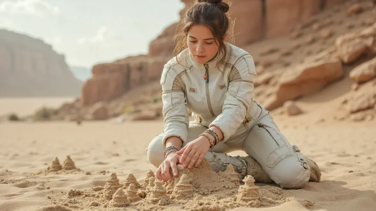 A young woman in a futuristic space suit kneels on the sandy planets surface, her hands moving with precision as she crafts intricate sandcastles. Framed mid-shot, the vast, barren landscape stretches behind her, set against soft, diffused lighting that hi...