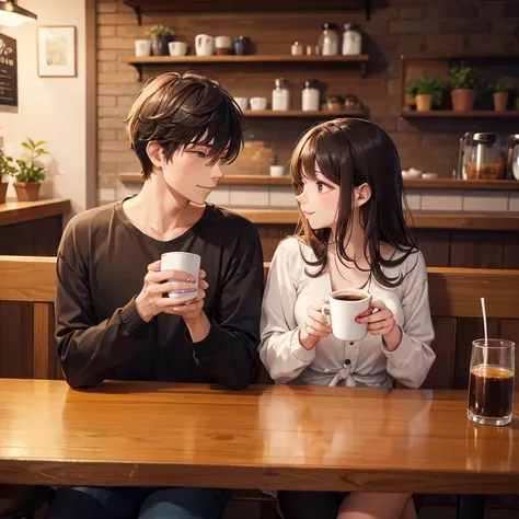 A romance couple are drinking coffee in in coffee shop.