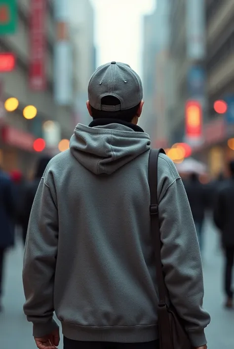 Asian body age 30 , height 162 weight 70kg wearing sweater and cap walking (image from back)