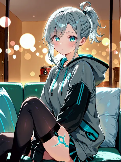 1 Girl, skirt, short skirt, black and grey hoodie, black thigh highs, stockings, short hair, back knot hair, grey hair, braided side to ponytail, short ponytail, asymmetrical bangs, turquoise eyes, human, cute, sexy, front facing, facing camera, facing vie...