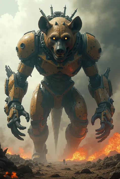 In this spectacular, bizarre, terrifying, and horrifying image, you would see a colossal hybrid monster formed by the fusion of the spotted hyena and the anti-aircraft artillery. The monster stands towering over the landscape, with the body of a massive, m...