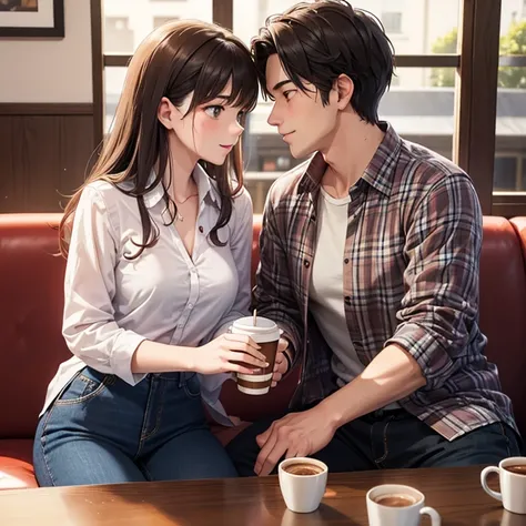 A romance couple are talking and drinking coffee face to face in coffee shop. Man is wearing plaid shirt unbuttoned. A woman is wearing a blouse.