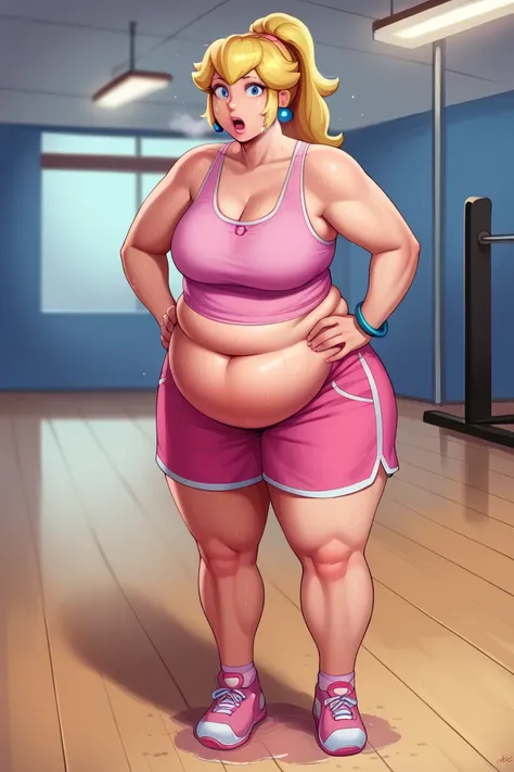 score_9, score_8_up, score_7_up, BREAK, 1girl, solo, princess peach, 1girl, solo, , blonde hair, ponytail, jewelry, bracelet, makeup, casual, cowboy shot, blue eyes, looking at the viewer, large breasts, hands on hips, pink tanktop, sweaty, pink shorts, sw...