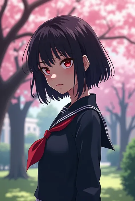  Create an anime image , of a serious girl ,  with short black hair, with red eyes,  wearing a school uniform.  under a cherry tree in a school yard