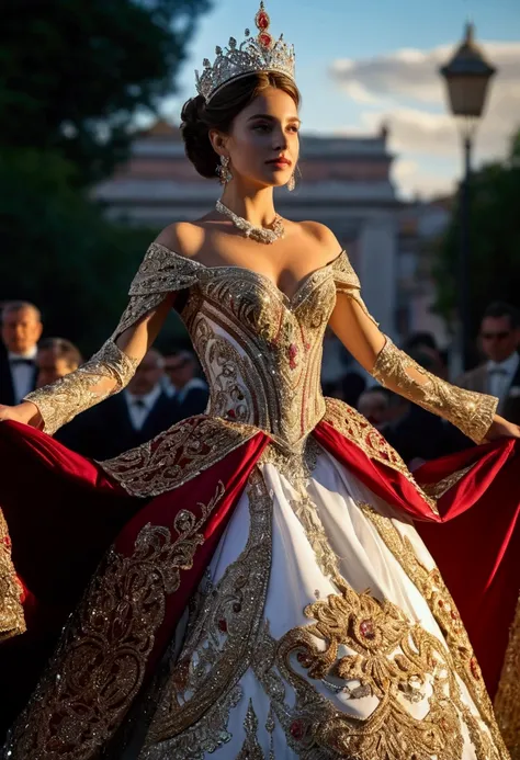 (Ultra 4K),A beautiful young girl,Queen of Argentina dressed in an opulent dance dress, walking 