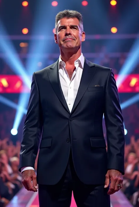 Host Simon Cowell on stage of Americas Got Talent in full body 